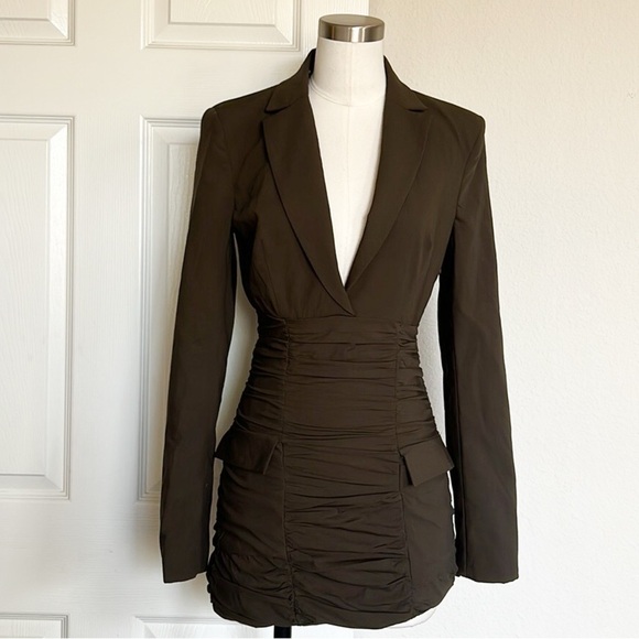Zara Ruched Blazer Short Dress Dark Brown Shoulder Pads - Picture 2 of 7